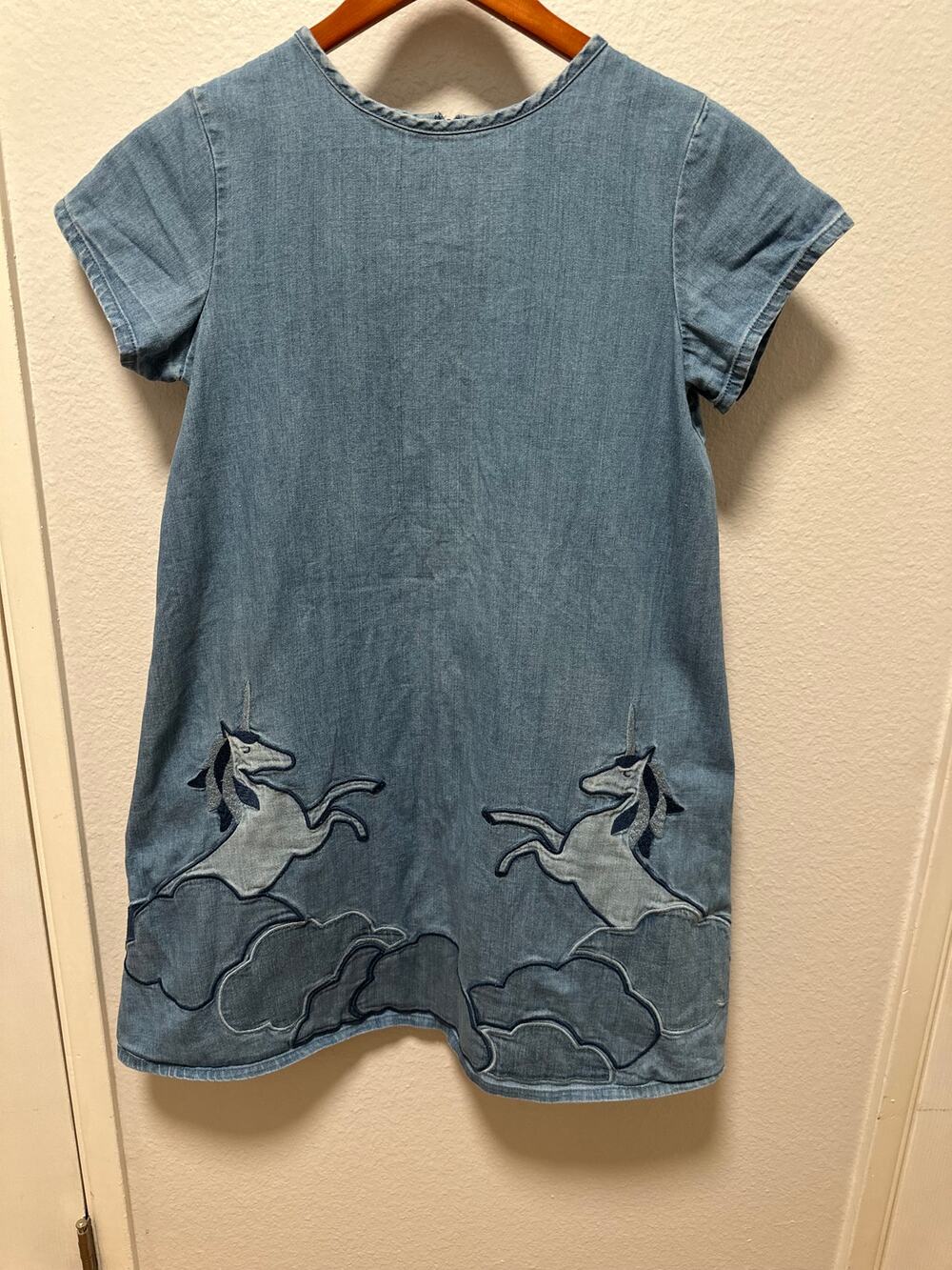 Mini Boden Kids Blue Denim Unicorn Dress, Size 11-12.